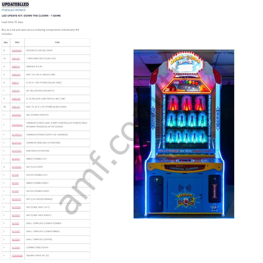 Led Upgrade Kit 1 Game_UPDATEBLLED Down The Clown, Işık Kiti, 1 Makina İçin